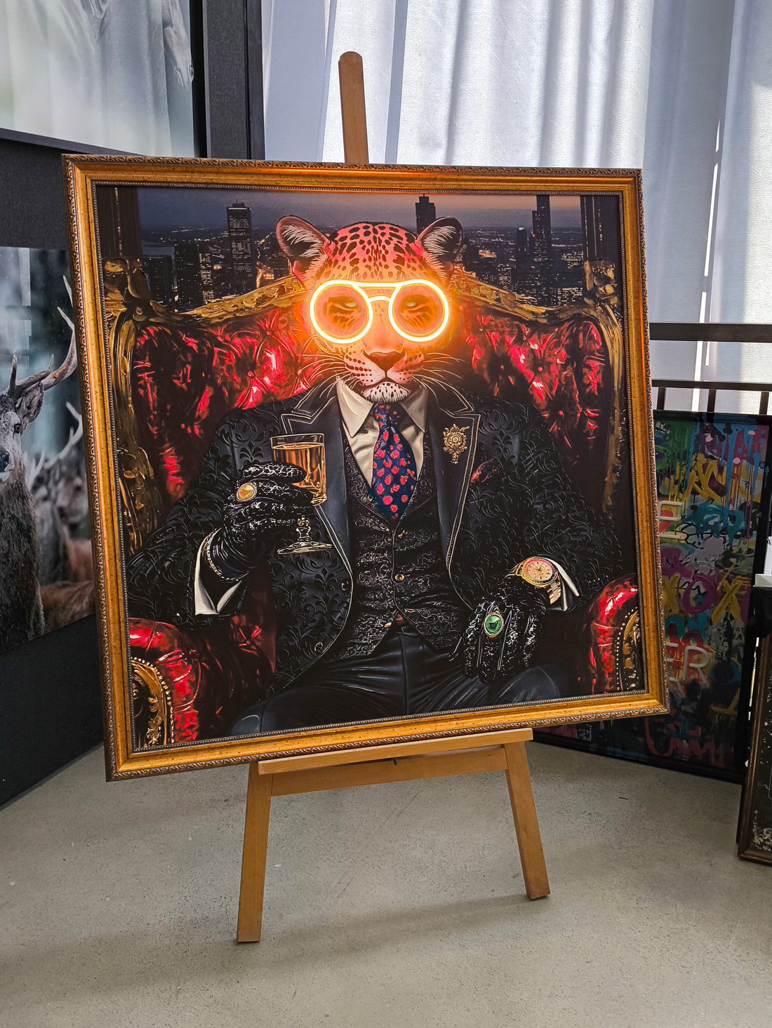 Royal Leopard LED Wall Art – Gold Glasses Canvas (100x100cm)