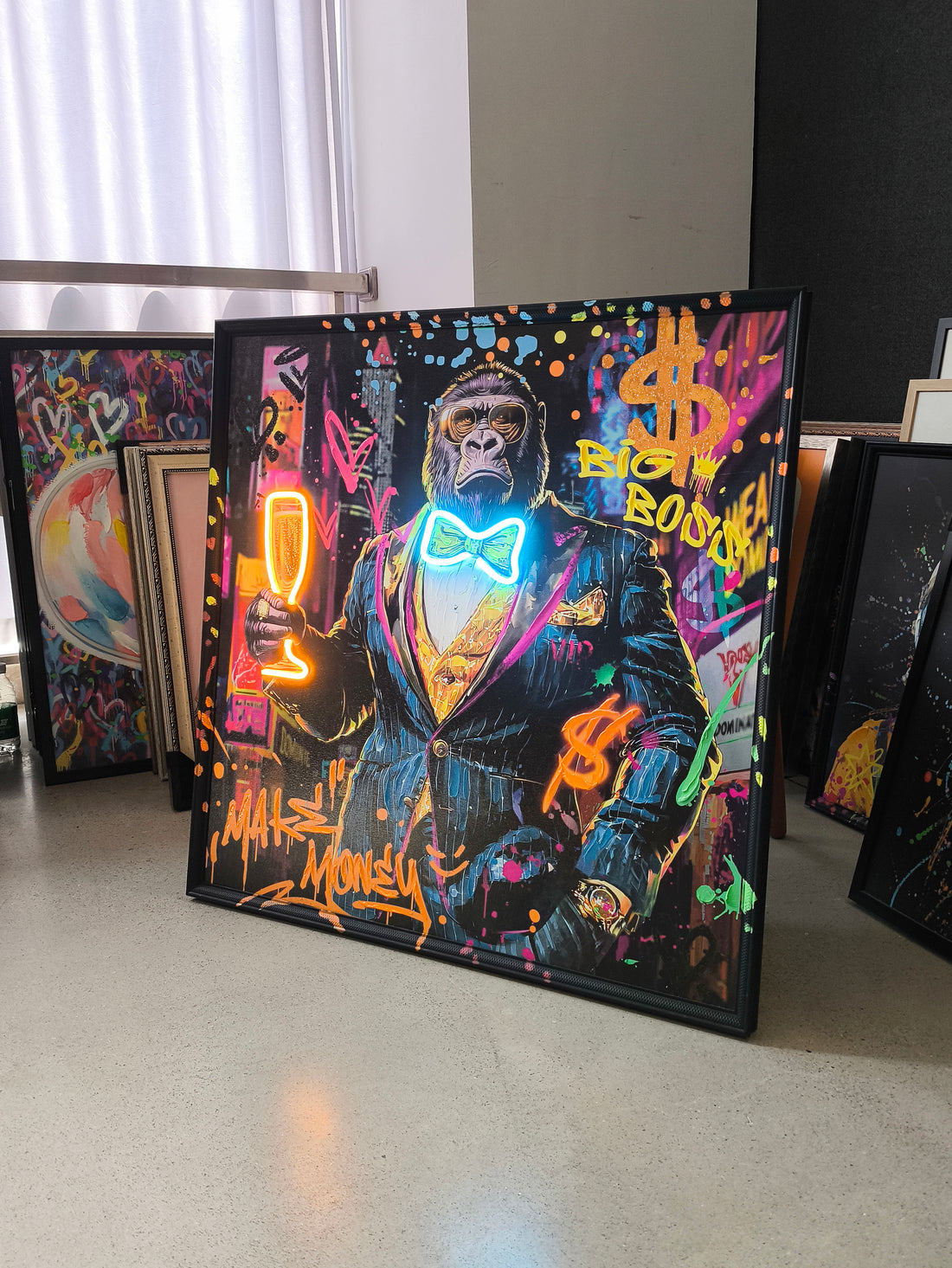 Money Boss Gorilla LED Wall Art – Neon Street Canvas (83x83cm)