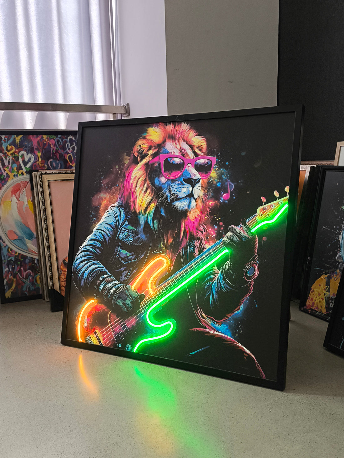 Rockstar Lion LED Wall Art – Neon Music Canvas (83x83cm)