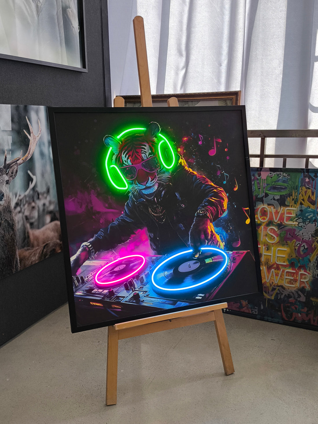 DJ Tiger LED Wall Art – Neon Music Canvas (83x83cm)