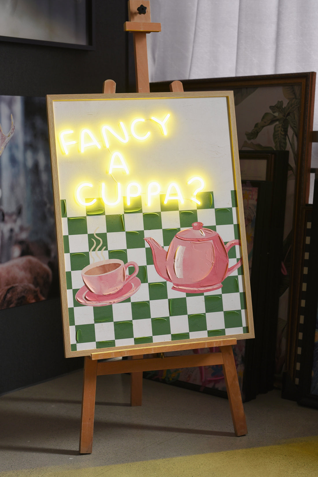 Fancy A Cuppa LED Wall Art – Neon Tea Time Canvas (63x83cm)