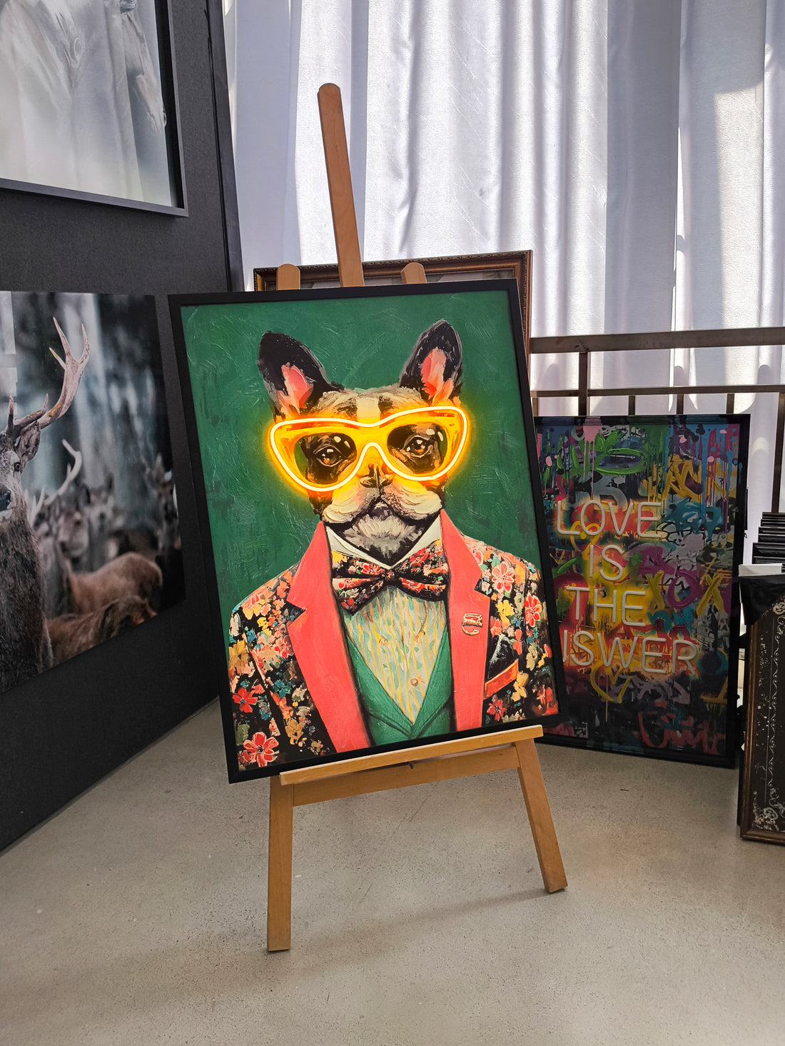 Gentleman Bulldog LED Wall Art – Floral Suit Canvas (63x83cm)