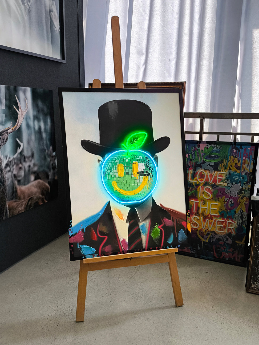 Neon Gentleman LED Wall Art – Disco Apple Canvas (63x83cm)