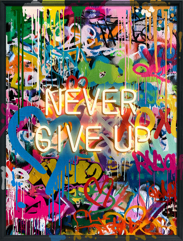 Never Give Up LED Wall Art – Neon Graffiti Canvas (63x83cm)