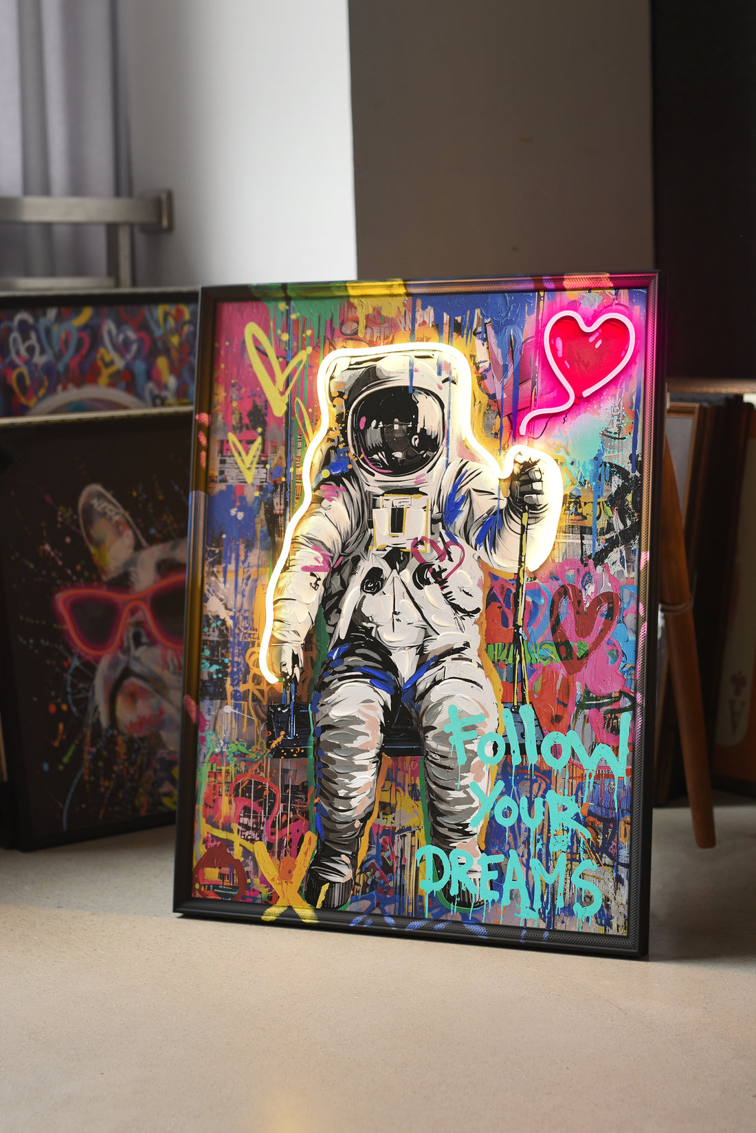 Follow Your Dreams LED Wall Art – Neon Astronaut Canvas (63x83cm)