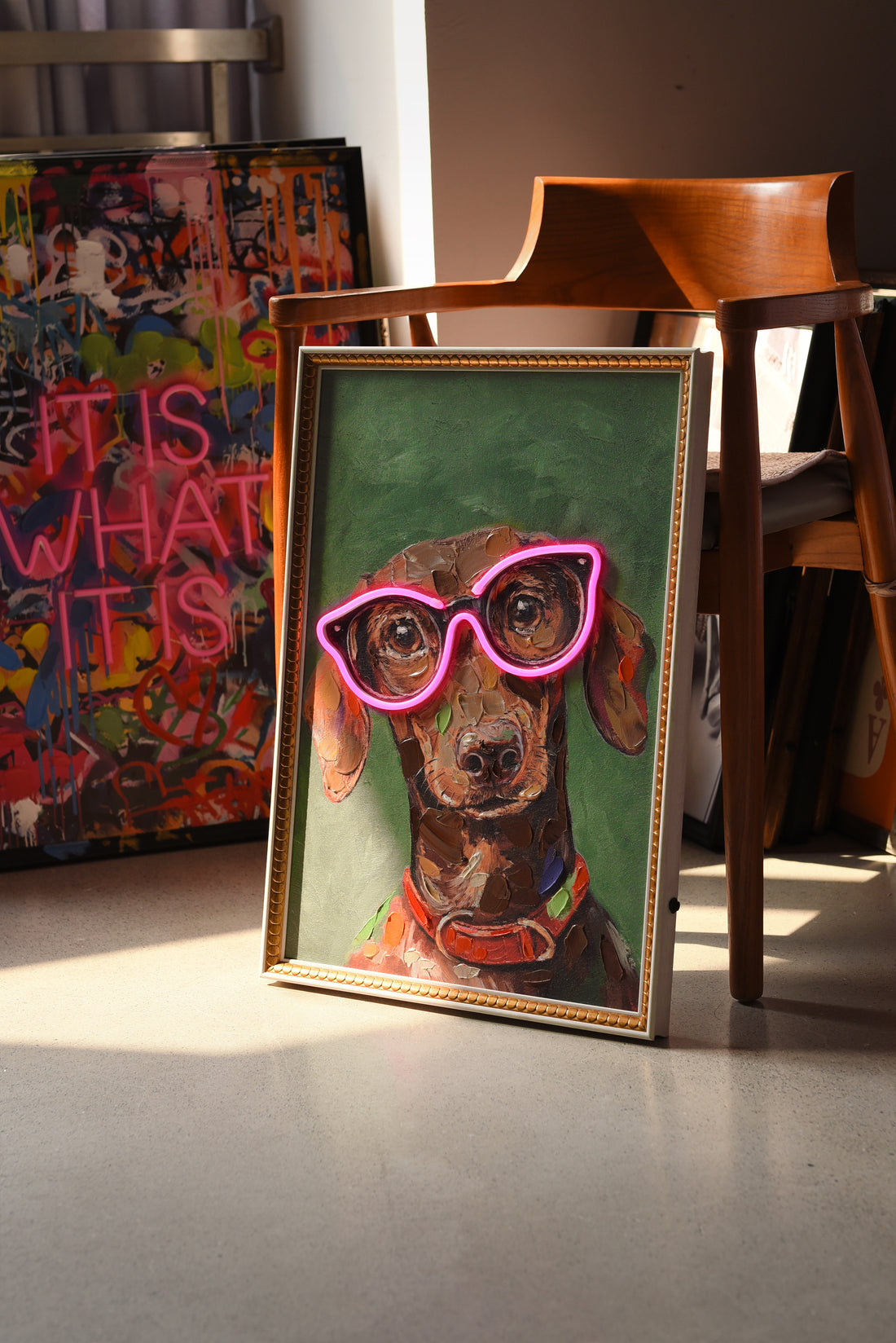 Neon Glasses Dog LED Wall Art – Pink Shades Canvas (43x63cm)