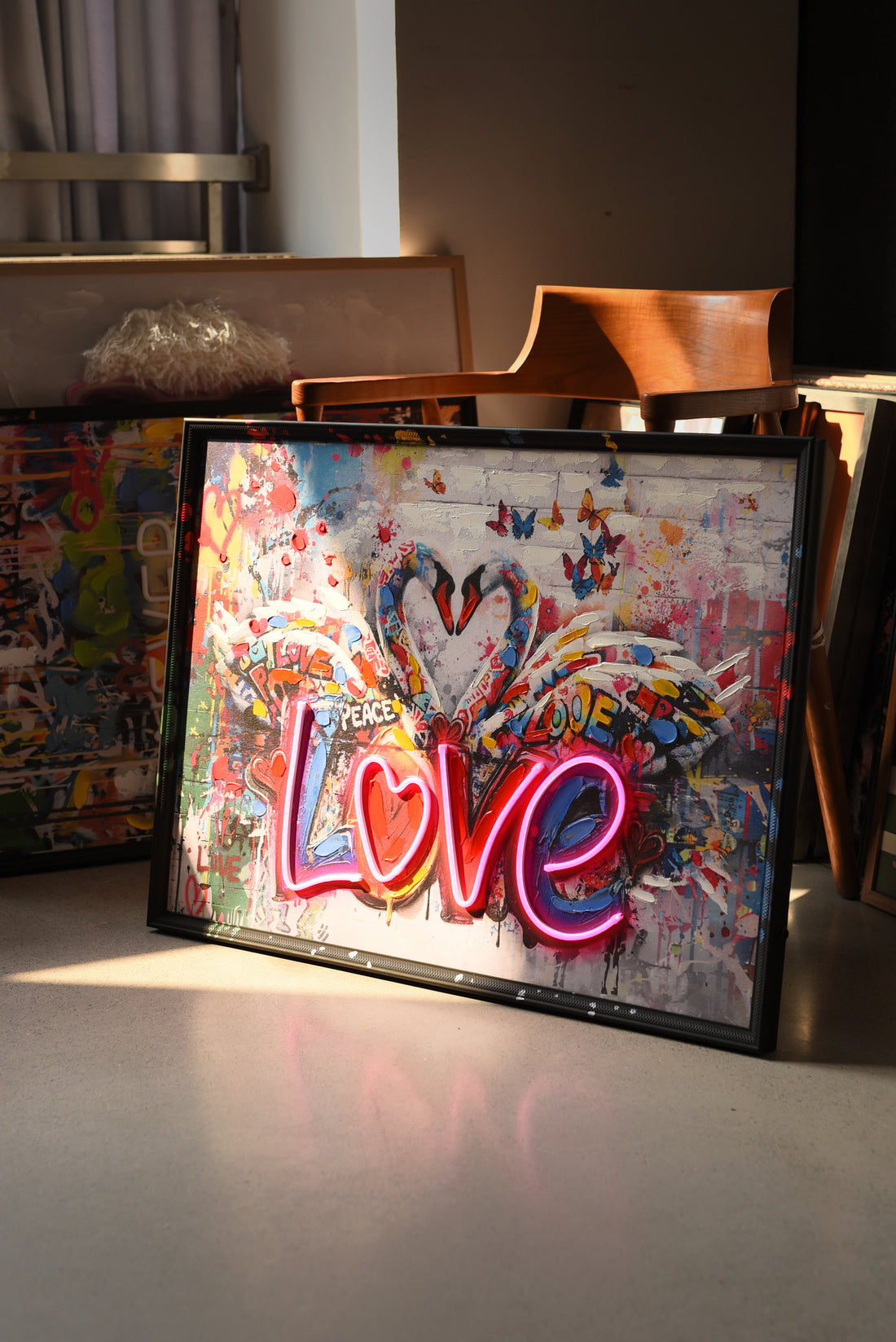 Love Swans LED Wall Art – Neon Heart Canvas (83x63cm)