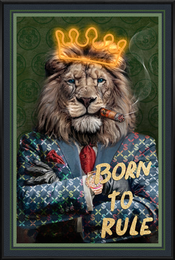 Born to Rule LED Wall Art – Neon Boss Lion Canvas (61.6x91.6cm)