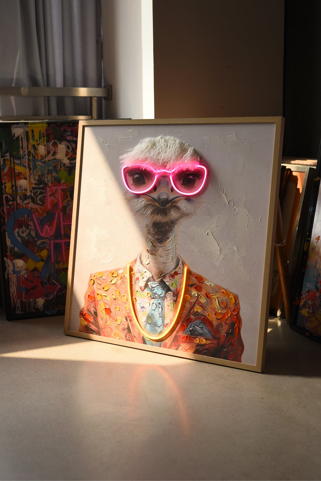 Stylish Ostrich LED Wall Art – Neon Glasses Canvas (83x83cm)
