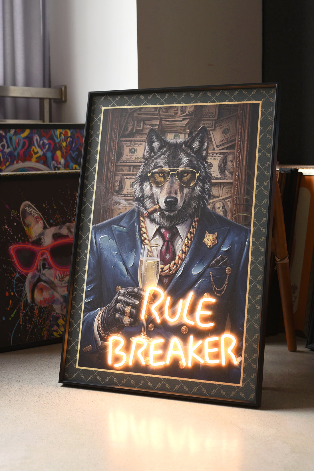 Rule Breaker LED Wall Art – Neon Wolf Canvas (61.6x91.6cm)