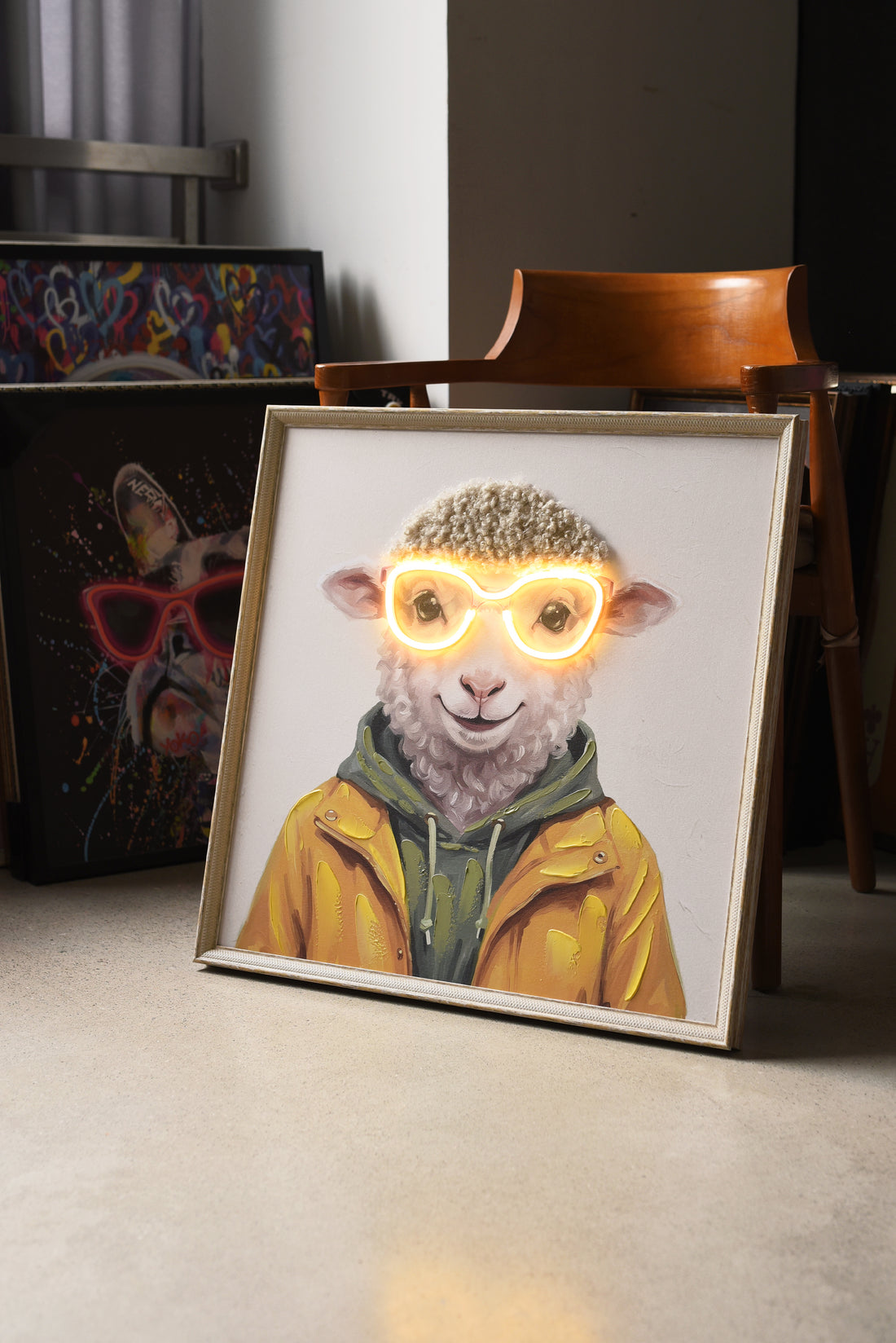 Stylish Sheep LED Wall Art – Neon Glasses Canvas (63x63cm)