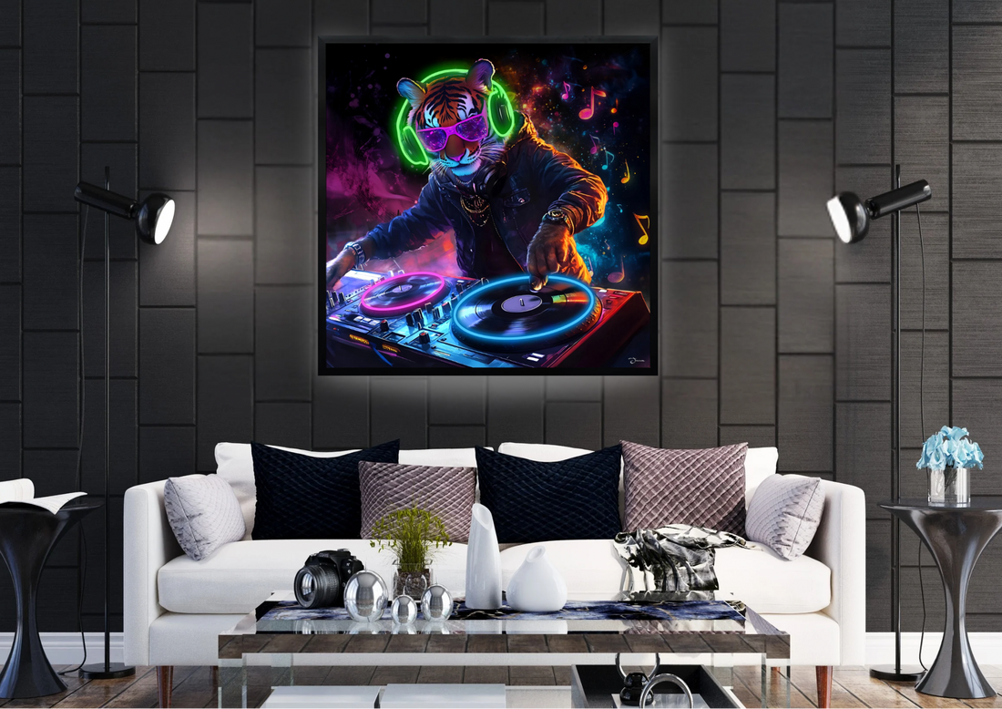 DJ Tiger LED Wall Art – Neon Music Canvas (83x83cm)