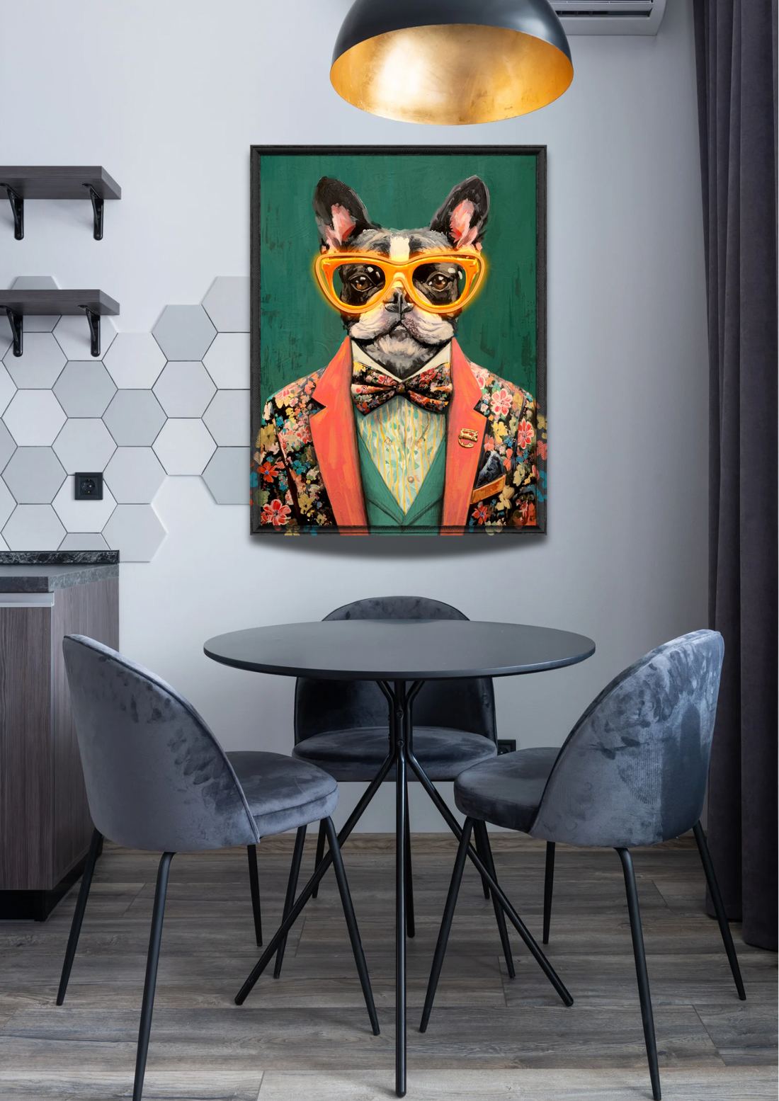Gentleman Bulldog LED Wall Art – Floral Suit Canvas (63x83cm)