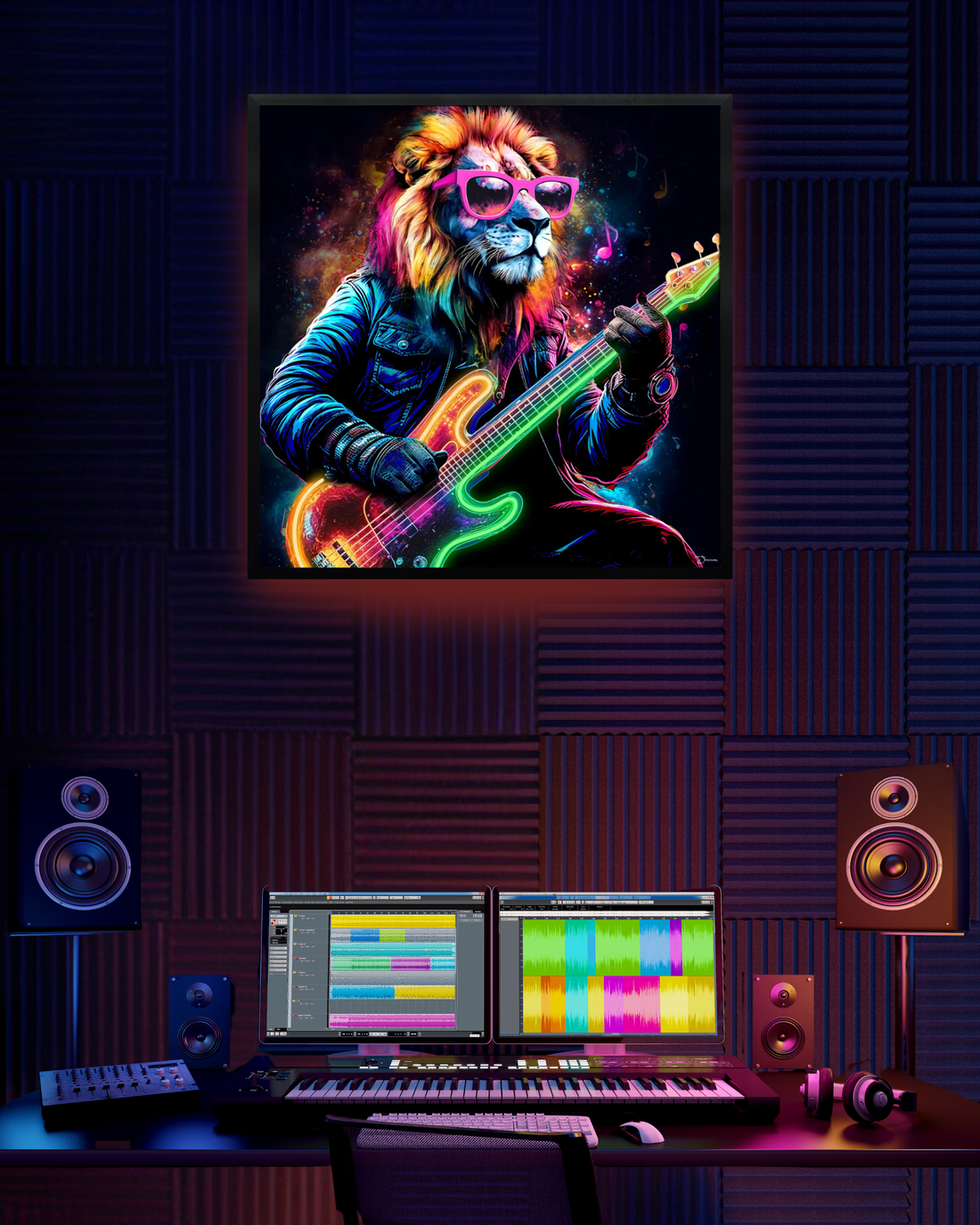 Rockstar Lion LED Wall Art – Neon Music Canvas (83x83cm)