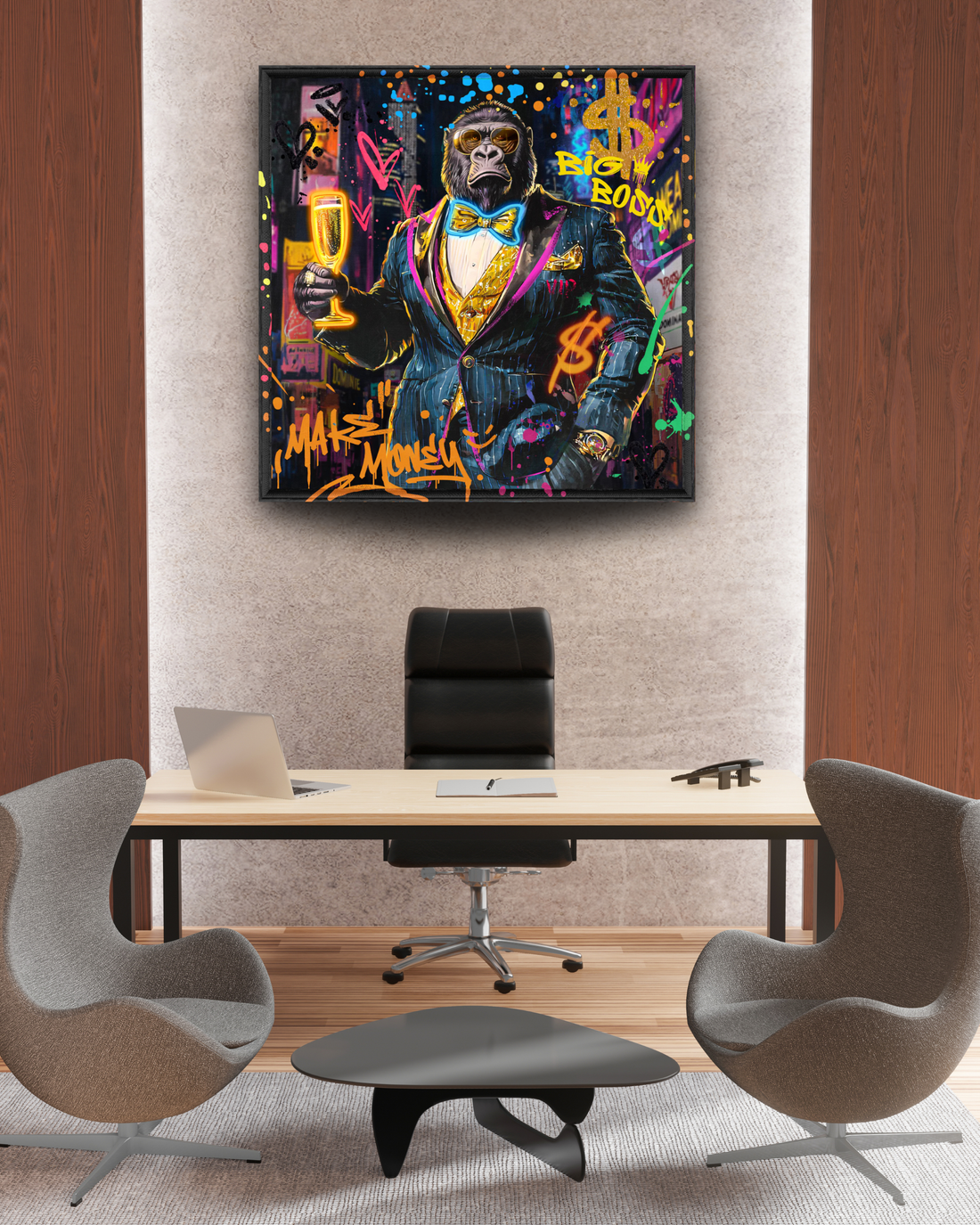 Money Boss Gorilla LED Wall Art – Neon Street Canvas (83x83cm)