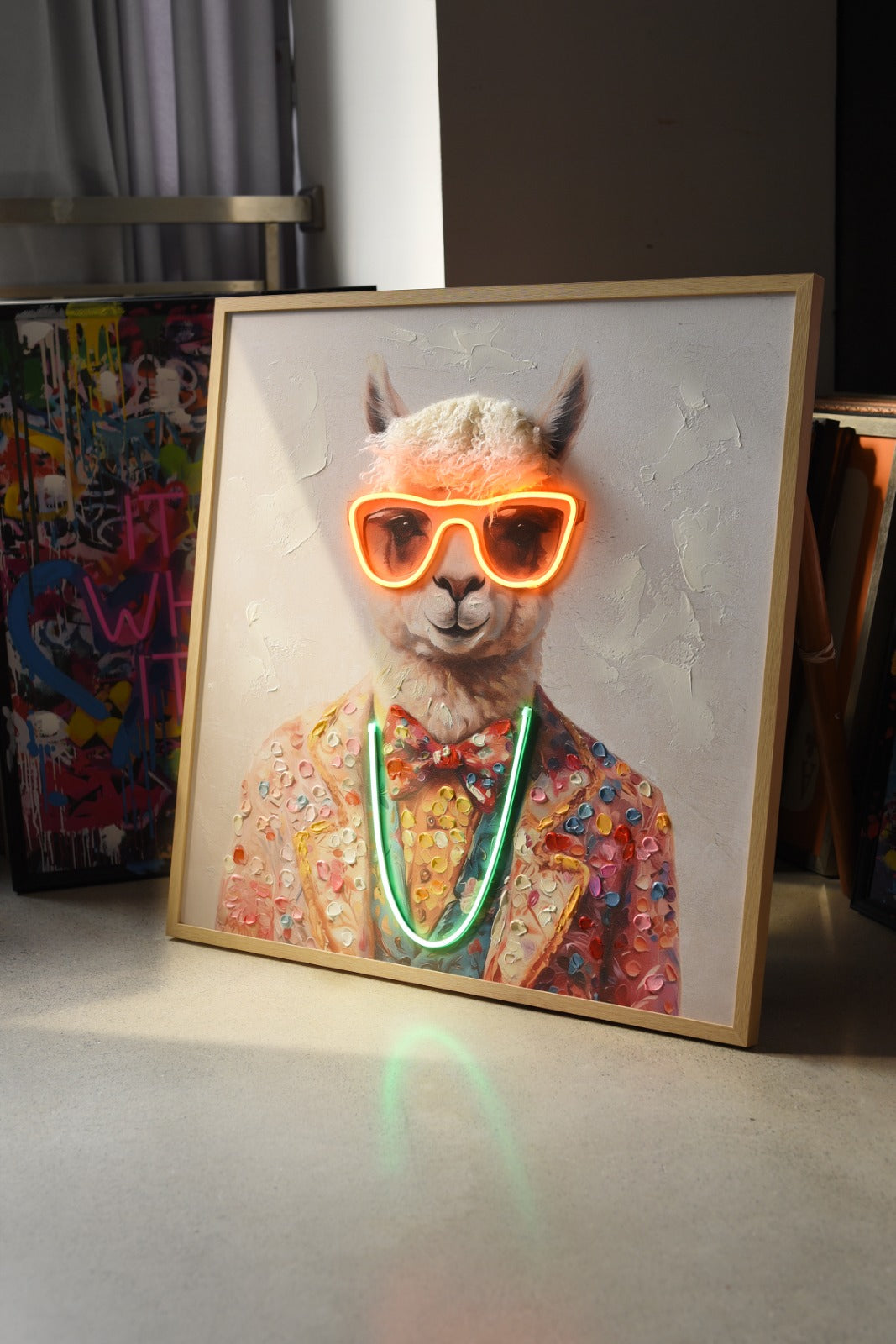 Stylish Llama LED Wall Art – Neon Glasses Canvas (83x83cm)